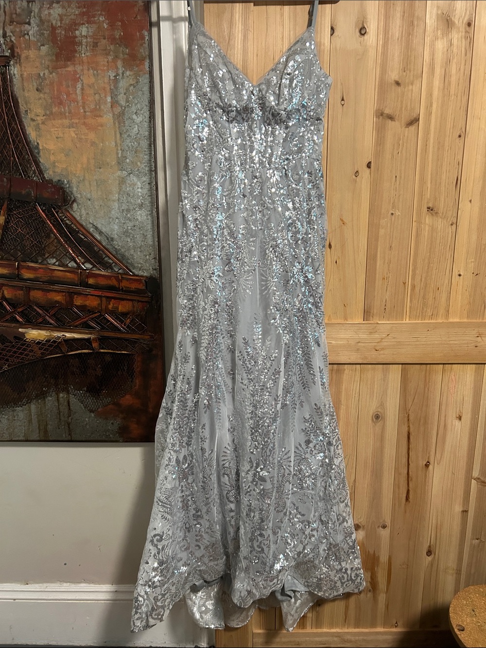 Silver Sequin flare bottom Corset & Zip back Gown